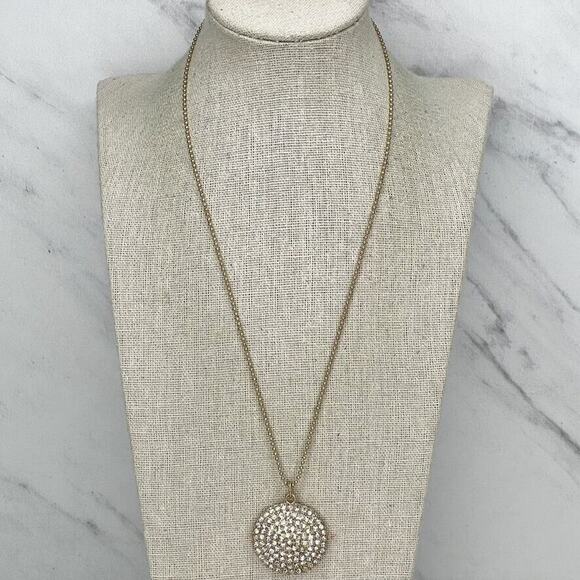 Chico's Gold Tone Ball Chain Rhinestone Round Pendant Necklace - Picture 1 of 6